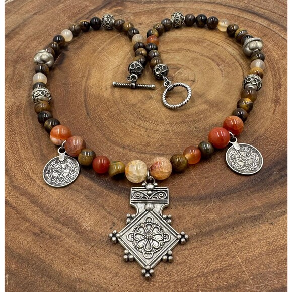 Tiger Eye, Fire Agate Necklace: Moroccan Southern Cross Pendant 03YS00864 - Picture 4 of 8